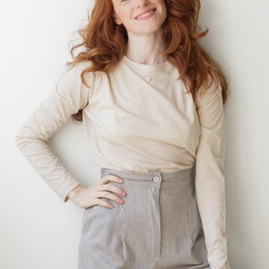 Camisa natural de manga larga para mujer, ropa lounge, ropa de invierno, camisa de gran tamaño, camisa de manga larga blanquecina, camisa de algodón, camisa de mujer de moda
