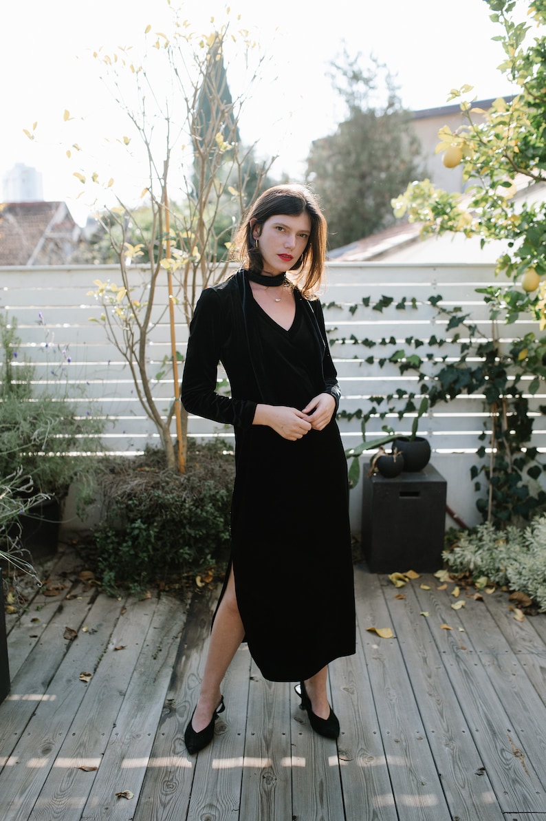 Black Velvet Maxi Dress, Evening Black Dress, Long Sleeves Maxi Dress, V Neck Maxi Dress, Women Black Dress, Long Black Dress, Classic Dress image 5