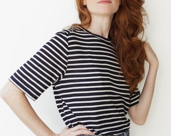 White & Blue Striped Shirt, Vintage T-Shirt, Retro Striped T-Shirt, Short sleeves Women Shirt, Casual Shirt, Round Neck Shirt, Cotton Top