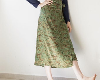 Jupe femme verte, jupe chaîne minimaliste, jupe en soie, jupe midi, jupe ethnique, jupe taille haute, vêtements d’hiver pour femmes, jupe de style indien