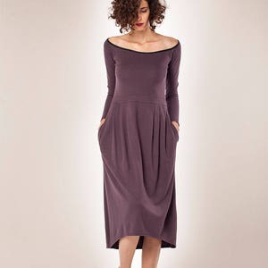 Lila Midi Kleid, Lange Ärmel Kleid, Frühlingskleid, Taschenkleid, Lockeres Kleid, Hohe Taille Kleid, Lila Tunika Kleid, Damen Frühlingskleid Bild 1