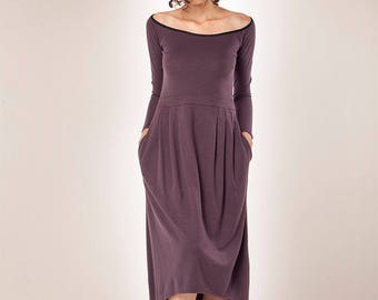 Purple Midi Dress, Long Sleeves Dress, Spring Dress, Pocket Dress, Loose Dress, High Waist Dress, Purple Tunic Dress, Women's Spring Dress