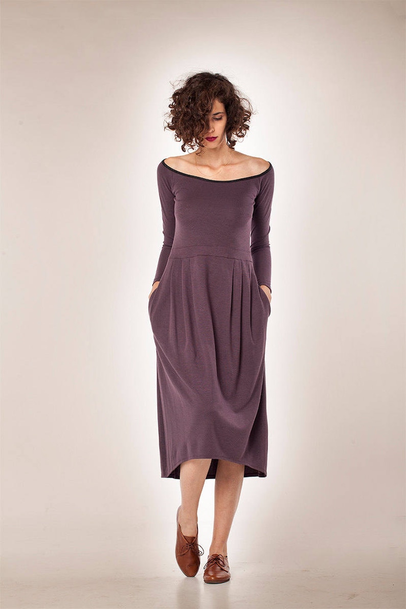 Robe midi violette, Robe à manches longues, Robe de printemps, Robe avec poches, Robe ample, Robe taille haute, Robe tunique violette, Robe de printemps pour femme image 1