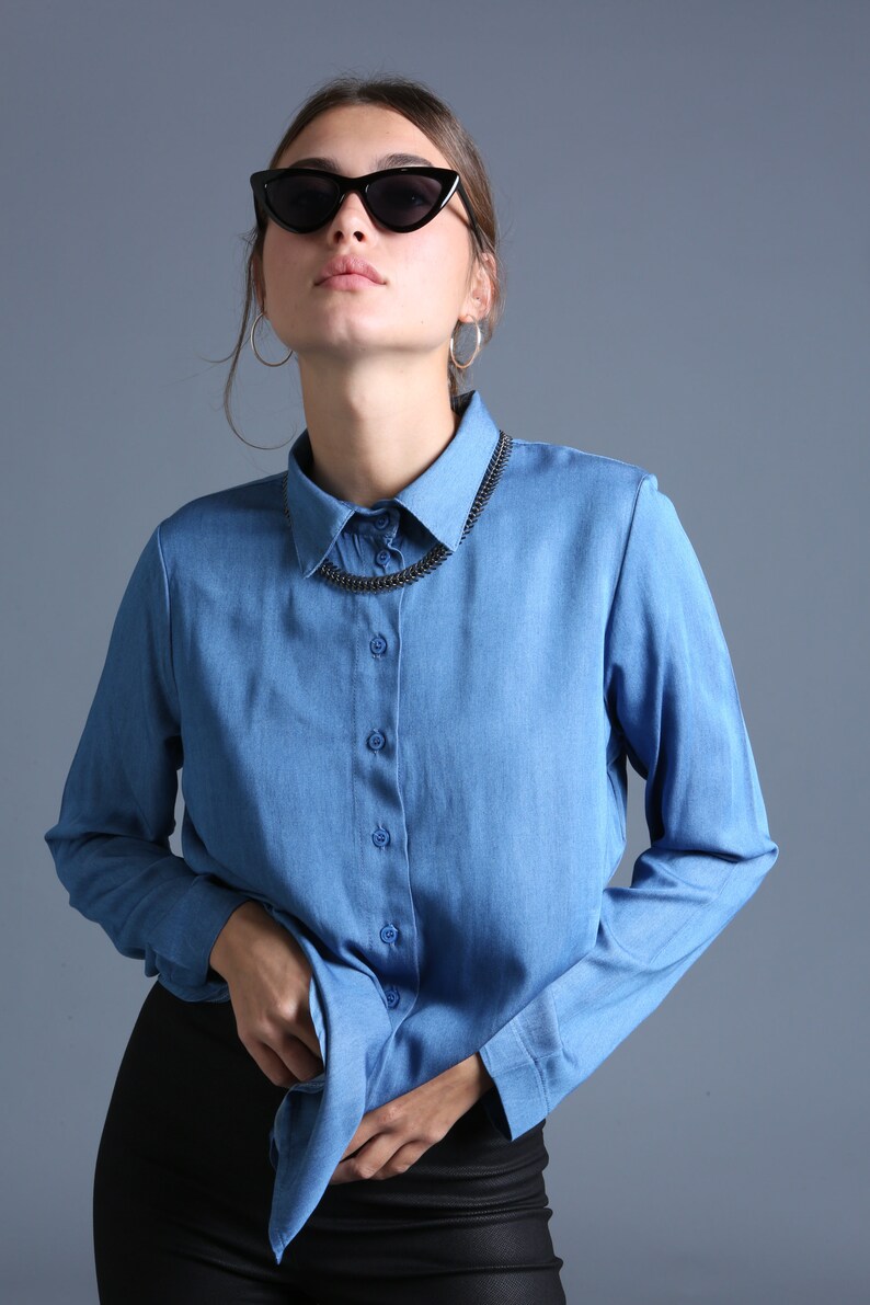 Women Button Shirt Denim Blue Button Shirt Winter Top Blue Blouse,Women Button Blouse Long Sleeves Blouse