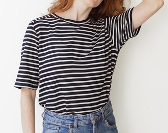 Striped Top, Mariner Short Sleeve Shirt, Dark Blue & White Striped Top, Classic Sailor Shirt, Vintage Top, Loose T-Shirt, Women Clothing