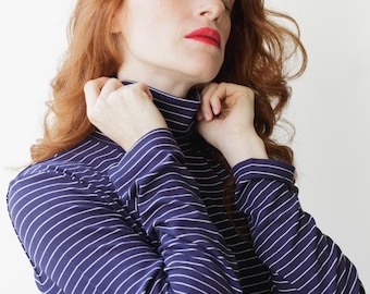 Blue Turtleneck Top, Long Sleeves Women Shirt, Blue & White Striped Top, Vintage Top, Loose Casual Shirt, Women's Winter Clothing