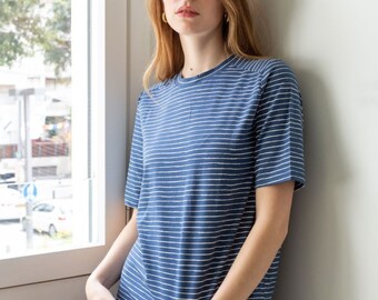 Blue and White Striped Top, Short Sleeves Shirt, Vintage Top, Loose T-Shirt, Casual Top, Retro Fashion, Everyday Wear, Women Clothing