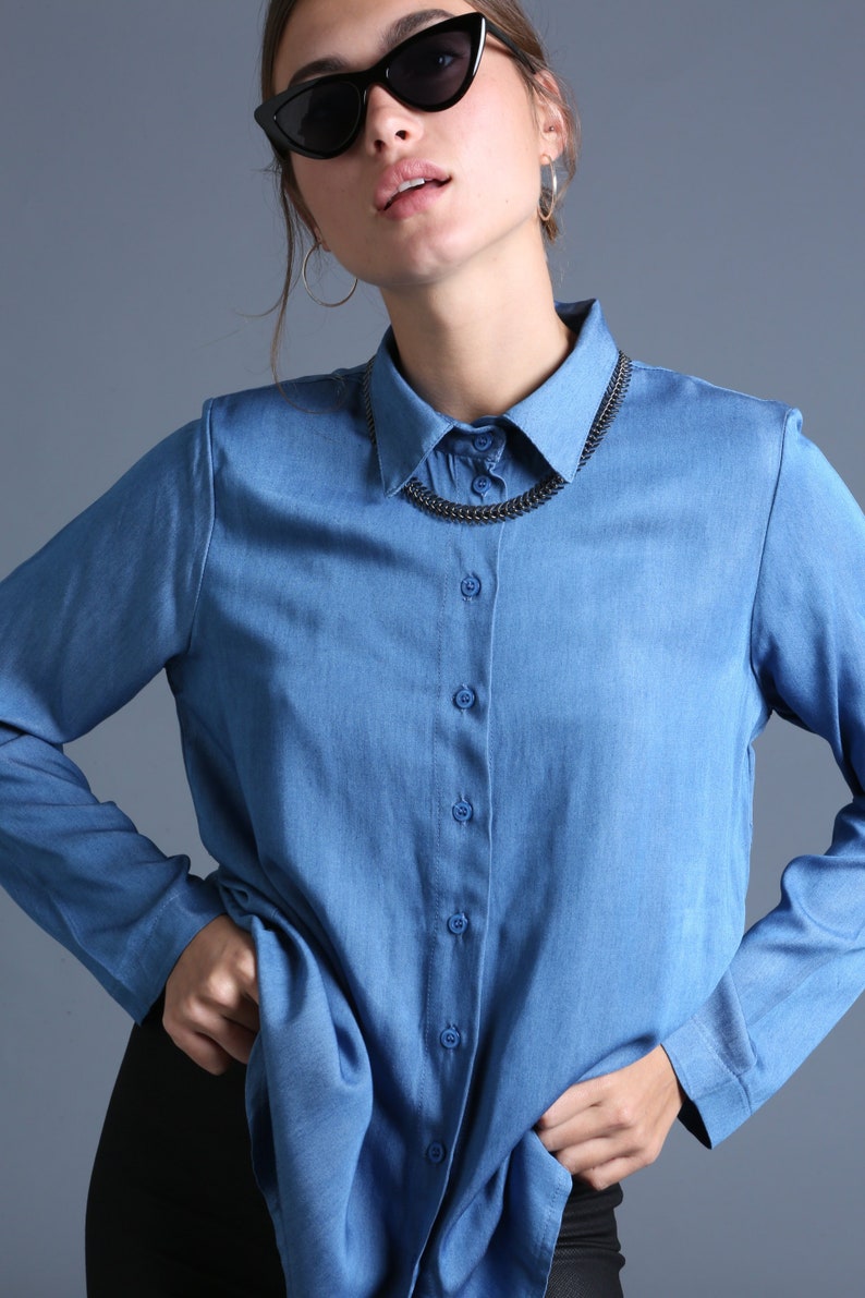 Women Button Shirt Denim Blue Button Shirt Winter Top Blue Blouse,Women Button Blouse Long Sleeves Blouse