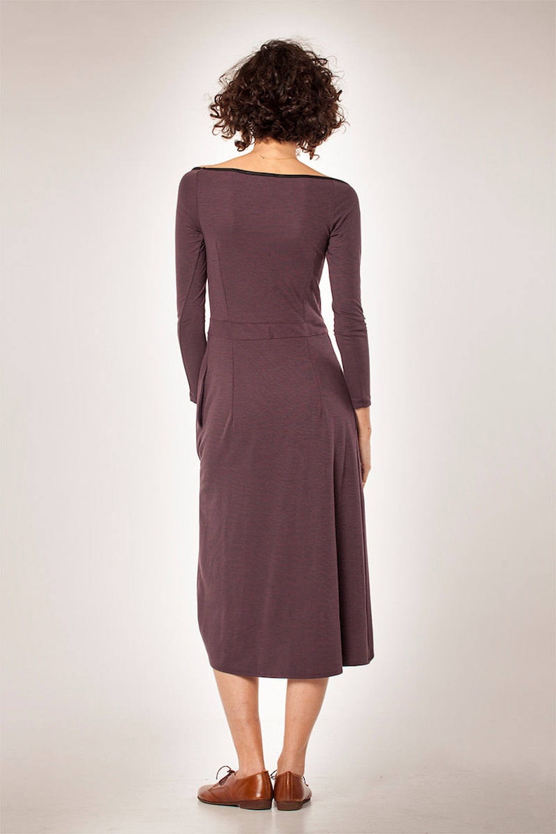 Robe midi violette, Robe à manches longues, Robe de printemps, Robe avec poches, Robe ample, Robe taille haute, Robe tunique violette, Robe de printemps pour femme image 4