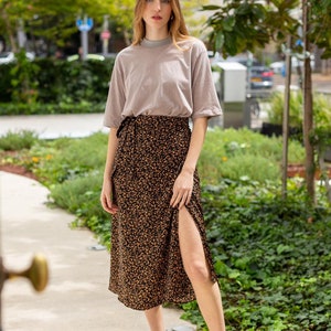 Women Warp Skirt, Minimalist Skirt, Silk Skirt, Midi Skirt, Autumn Skirt, High Waist Skirt, Leaves Print Skirt, Elegant Women Clothing image 3