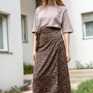 Women Warp Skirt, Minimalist Skirt, Silk Skirt, Midi Skirt, Autumn Skirt, High Waist Skirt, Leaves Print Skirt, Elegant Women Clothing image 1