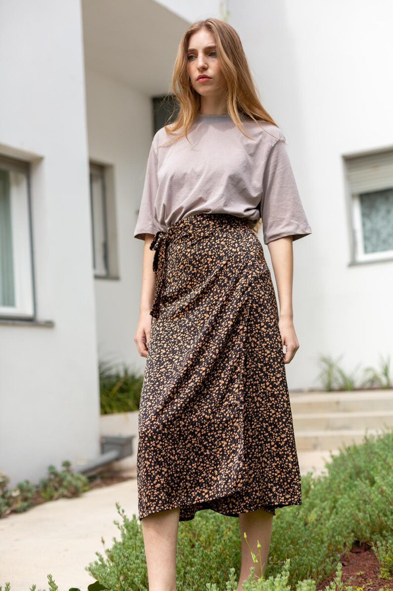 Women Warp Skirt, Minimalist Skirt, Silk Skirt, Midi Skirt, Autumn Skirt, High Waist Skirt, Leaves Print Skirt, Elegant Women Clothing image 1