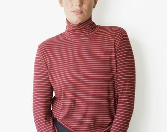 Red Striped Shirt, Vintage Women Turtleneck Shirt, Long Sleeves Women Shirt, Loose Casual Shirt, Turtleneck Shirt, Women's Winter Clothing