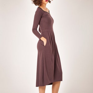 Women Winter Dress, Minimalist Dress, Jersey Dress, Long Sleeves Dress, Midi Dress, Cocktail Dress, High Waist, Purple Dress, Women Clothing image 2