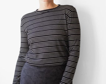 Black Striped Long Sleeves Shirt, Vintage Women Shirt, Long Sleeves Women Shirt, Loose Casual Shirt, Crew Neck Shirt, Women Winter Clothing