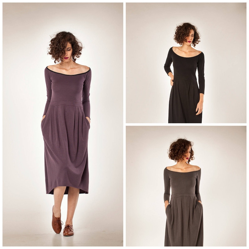 Robe midi violette, Robe à manches longues, Robe de printemps, Robe avec poches, Robe ample, Robe taille haute, Robe tunique violette, Robe de printemps pour femme image 5