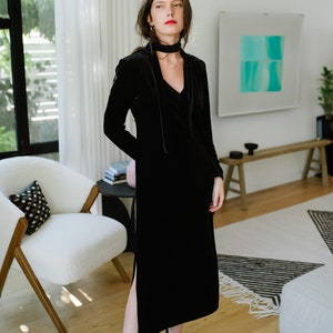 Black Velvet Maxi Dress, Evening Black Dress, Long Sleeves Maxi Dress, V Neck Maxi Dress, Women Black Dress, Long Black Dress, Classic Dress image 6