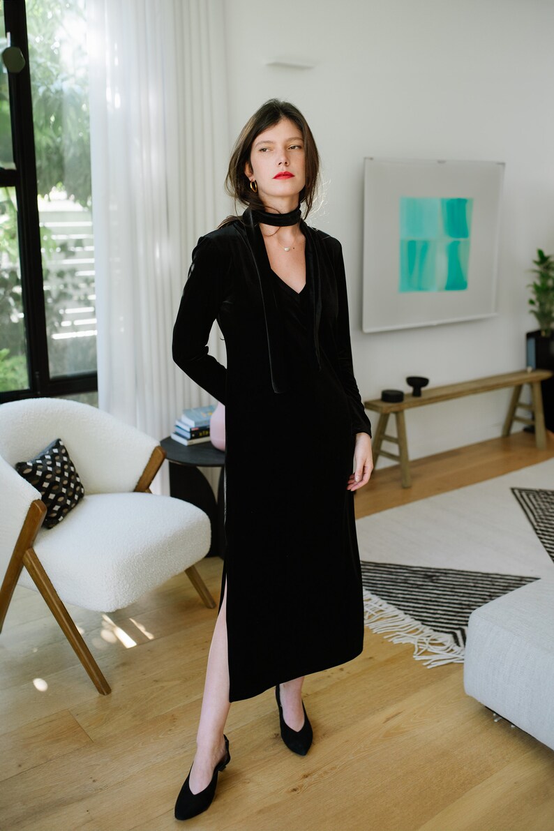 Black Velvet Maxi Dress, Evening Black Dress, Long Sleeves Maxi Dress, V Neck Maxi Dress, Women Black Dress, Long Black Dress, Classic Dress image 6