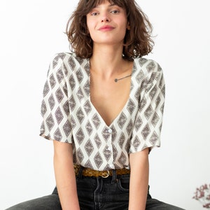 Elegant Blouse, Women Button Shirt, 3/4 Sleeves Shirt, Geometric Print Blouse, Minimalist Blouse, Sweetheart Neckline Top, Women's Clothing image 6