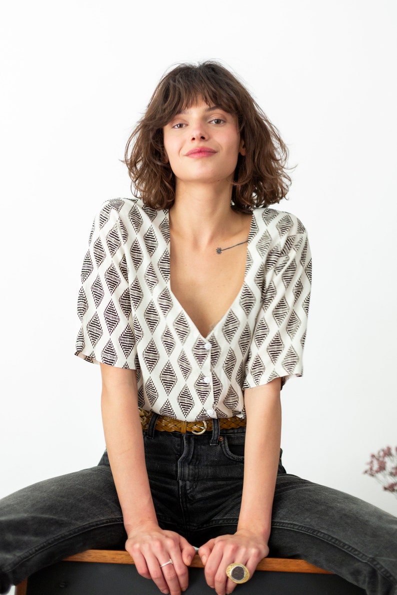 Elegant Blouse, Women Button Shirt, 3/4 Sleeves Shirt, Geometric Print Blouse, Minimalist Blouse, Sweetheart Neckline Top, Women's Clothing image 6