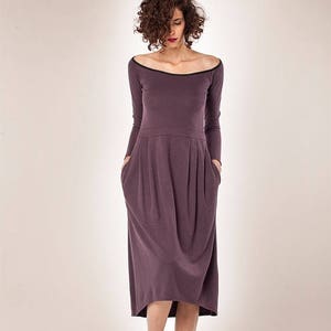 Women Winter Dress, Minimalist Dress, Jersey Dress, Long Sleeves Dress, Midi Dress, Cocktail Dress, High Waist, Purple Dress, Women Clothing image 3