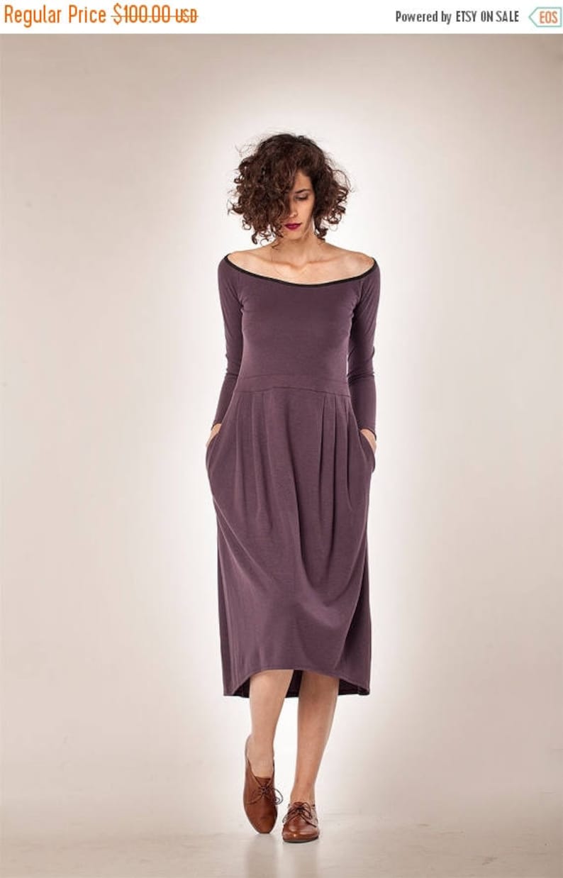 Women Winter Dress, Minimalist Dress, Jersey Dress, Long Sleeves Dress, Midi Dress, Cocktail Dress, High Waist, Purple Dress, Women Clothing image 3