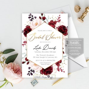 Bridal Shower Invitation, Wedding Shower Invitation Template, Printable Burgandy Shower Invite, DIY Invitation, BSI 211