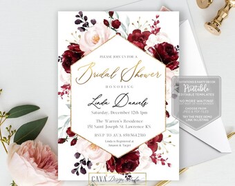 May include: A white bridal shower invitation with a gold hexagonal frame and burgundy and blush floral design. The text reads "Please join us for a Bridal Shower honoring Linda Daniels, Saturday, December 12th 1pm, The Warren's Residence, 151 Saint Joseph St. Lawrence KS, RSVP to Ava 859.564.2310, Linda is Registered at Amazon & Target".