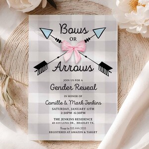 Bows or Arrows Gender Reveal Invitation, Editable Gender Neutral Baby Shower Invite, Pink or Blue Reveal Party Printable Template 0212