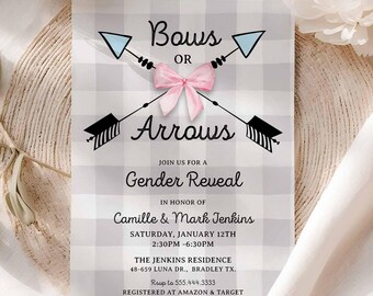 Bows or Arrows Gender Reveal Invitation, Editable Gender Neutral Baby Shower Invite, Pink or Blue Reveal Party Printable Template 0212