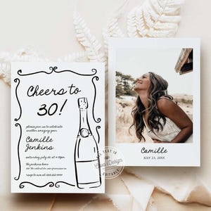 Cheers to Birthday Party Invite Template, Champagne Birthday Invitation, Hand Drawn Invite, 30th Birthday Invitation Template - WD 0279