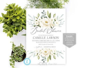 Bridal Shower Printable Invite, White Flower Bridal Shower Invitation, Invitation Template, Printable Floral Invitation, BRS_216