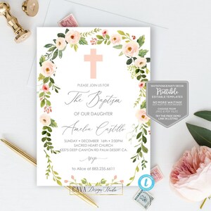 Printable Baby Girl Baptism Invitation, Pink Floral Baptism Editable Invite, DIY Baptism Invite