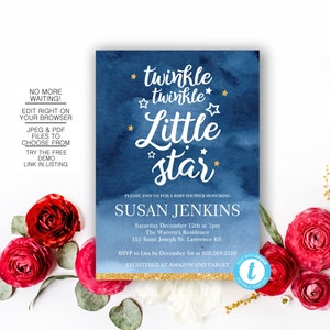 Twinkle Twinkle Little Star Baby Shower Invitation Printable, Gender Neutral Shower Invite, EDITABLE Template