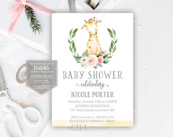 Gender Neutral Baby Shower Invite, Girl Giraffe Baby Shower Invitation, Jungle Baby Shower Invitation, Editable Printable Invitation