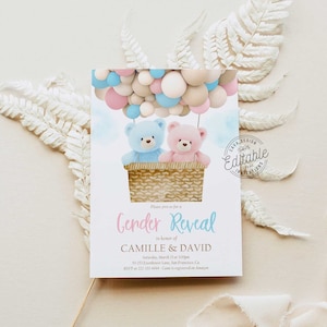 Gender Reveal Teddy Bear Hot Air Balloon Invitation, Blue Pink Baby Shower Invite, Girl or Boy Baby Shower Instant Download WD 224-PB