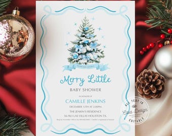 Może przedstawiać: Zaproszenie na baby shower z akwarelowym motywem choinki. Zaproszenie zawiera tekst "Merry Little Baby Shower" w niebieskim skrypcie, wraz ze szczegółami wydarzenia. Zaproszenie otoczone jest świątecznymi dekoracjami.