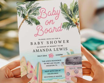 Editable Baby on Board Invitation, Girl Beach Baby Shower Invitation, Summer Baby Shower, Invitation Template, Download BSG_0293