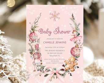 Pink Winterland Baby Shower Invitation Template, Christmas Sugar Plum Fairy Baby Shower Invite, Nutcracker Winter Girl Baby Shower, WD 0411