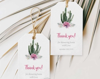 May include: Two white gift tags with a watercolor cactus design and pink flowers. The text on the tags reads "Thank you! for showering Sonia with Love September 20th, 20XX".