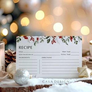 Szablon karty z przepisami na przyjęcie ślubne Greenery Winter Bridal Shower, przepisy dla panny młodej, przyjęcie ślubne Holiday Bridal Shower, EDYTOWALNA karta z przepisami DO DRUKU, WD 0404