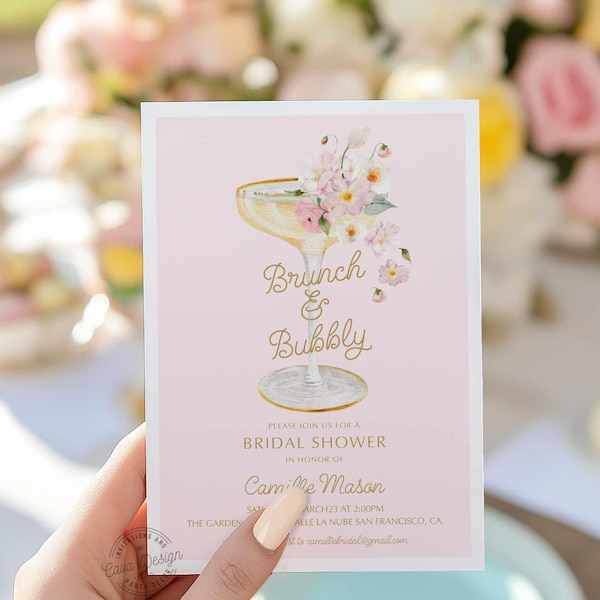 Plantilla de invitación para despedida de soltera con brunch y burbujas, invitación para fiesta con champán, invitación rosa veraniega para despedida de soltera, invitación para brunch WD 239