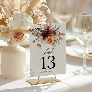 Rustic Burgundy Wedding Table Number Signs, Editable Fall Autumn Table Number, Fall Wedding Printable Table Number Sign Template, WD 0402