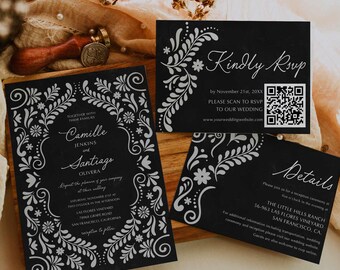 Black Papel Picado Wedding Invitation Template, Mexican Wedding Invite, Editable Fiesta Wedding Invite, Elegant Black Invite Template 0415