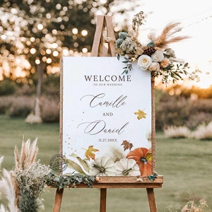 Fall Boho Welcome Wedding Sign, Pumpkin Floral Welcome Sign, White Pumpkin Sign, Rustic Wedding Sign, Welcome Sign Editable Template WD 0299