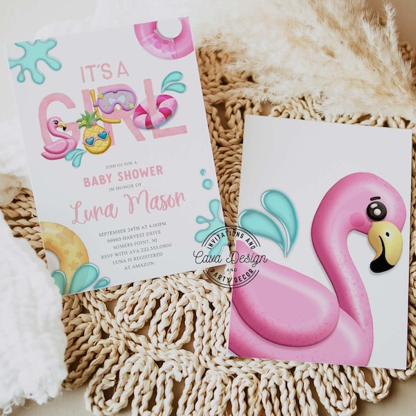 It's a Girl Pink Flamingo Baby Shower Invitation | Printable Summer Girl Baby Shower Invite | Girl Beach Baby Shower Invite Printable WD 215