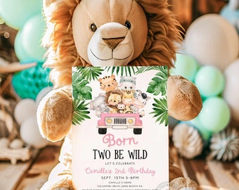 Bewerkbare verjaardagsuitnodiging meisje Two Be Wild: safari-oerwouddieren (digitaal bestand)