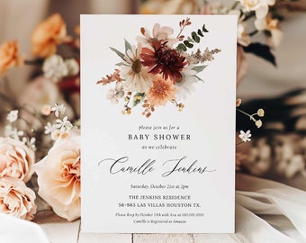 Plantilla de invitación para baby shower con flores estilo bohemio burdeos