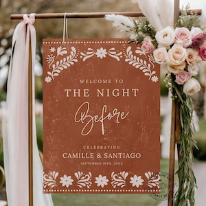 Letrero de bienvenida para ensayo de boda (papel picado), letrero de bienvenida para la noche anterior, letrero para cena de ensayo, plantilla de letrero de bienvenida para boda en México 0415