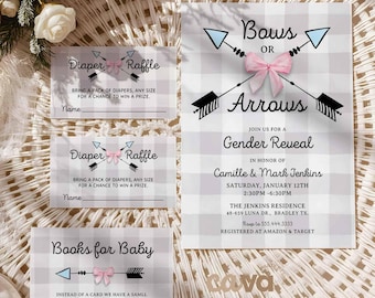 Bows or Arrows Gender Reveal Invitation Set, Editable Blue and Pink Baby Shower Invite, Diaper Raffle and Books for Baby Printable Set 0212